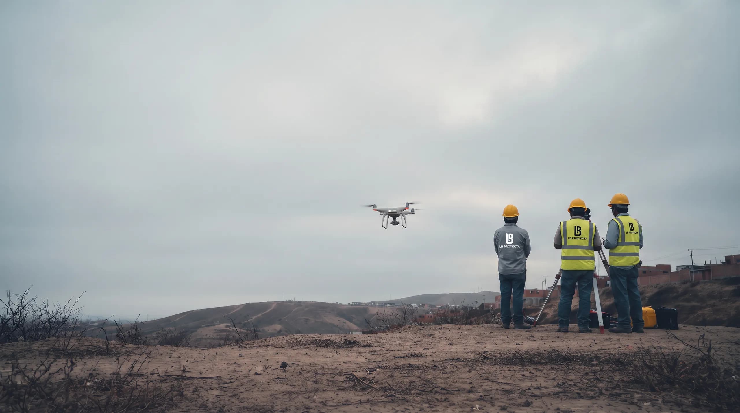 Dron topográfico sobrevolando un lote en ladera, con cerros áridos de la periferia de Lima al fondo